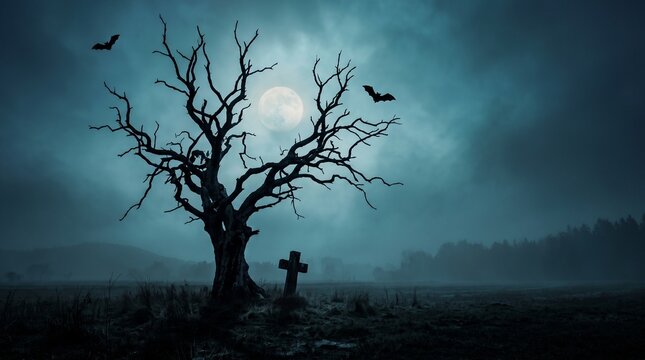 Spooky dead tree with bats and gravestone in foggy graveyard at night