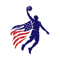 Basketball player slam dunk with American flag vector illustration, USA sports graphic © MUHMUDABEGUM