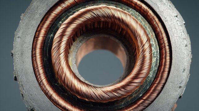 internal. Internal stationary part of an electric motor with copper windings. safety posters, maintenance manuals, designed for industrial assembly lines and welding operations.