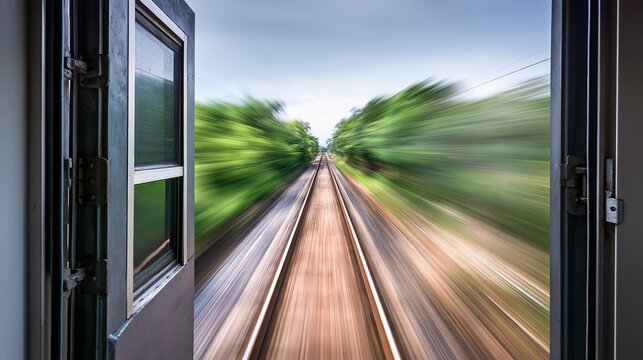 locomotive. View from an open train door with blurred tracks and landscape speeding by. mobility guides, transit brochures, designed for mobility and urban transit guides, used by financial analysts.
