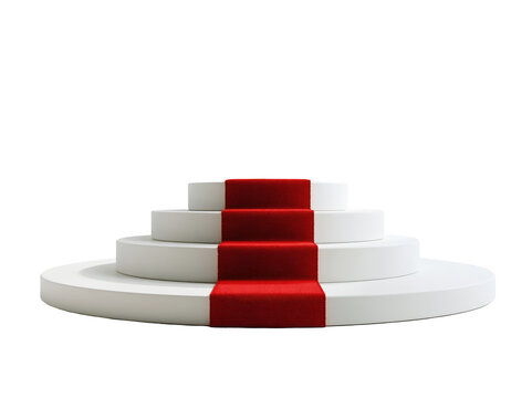 A circular white podium stage with a luxurious red carpet runner leading to the top level for a grand product display or award ceremony celebration