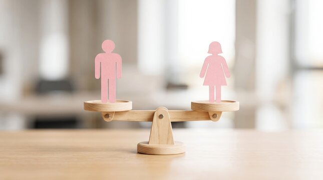 Pink paper male and female silhouettes balanced perfectly on a small wooden scale representing gender equality and social justice concepts