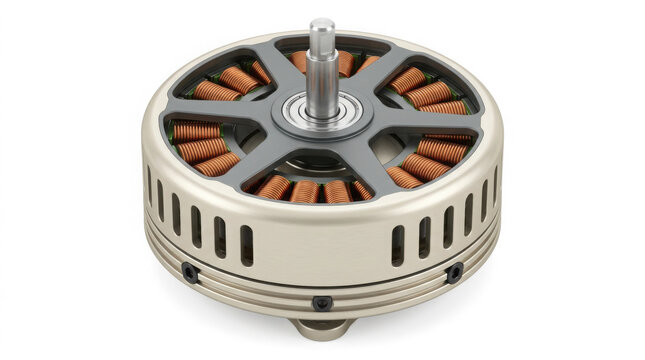 Metallic brushless electric motor rotor showing copper wire windings and central generated using ai