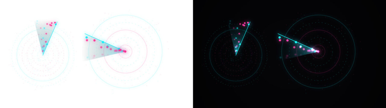 A PNG image of a Digital radar scanning interface displaying glowing neon pink and cyan dots on circular grid patterns set against both stark white and deep black backgrounds for modern technology mon