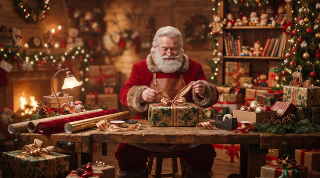 Santa claus sitting at a wooden desk in his workshop carefully tying a ribbon on a wrapped ad social media download thambnail poster web template event festival 2026 2027 2028