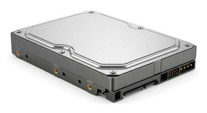Internal hard disk drive storage unit with metallic silver casing and connector generated using ai