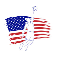 Basketball player outline slam dunk with brush stroke American flag vector illustration © MUHMUDABEGUM