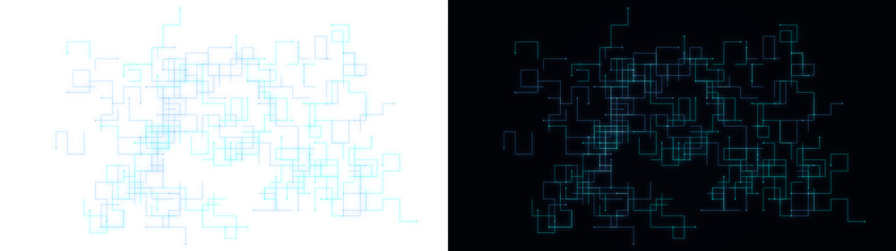A PNG image of a Abstract glowing neon light lines forming a complex digital circuit grid pattern against dual contrasting dark and bright white backgrounds showcasing futuristic connectivity themes f