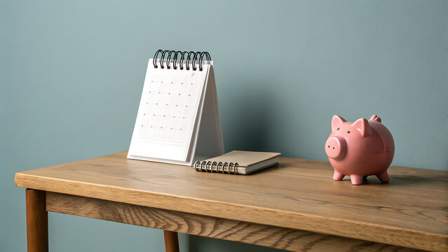 Pink Piggy Bank and Desk Calendar for Financial Planning, Savings, and Budget Management