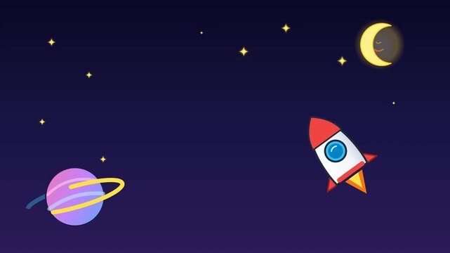Cartoon rocket ship flying in deep space with a planet and crescent moon.