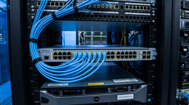 Closeup of a network server rack with an arista switch, blue ethernet cables, and a dell poweredge server in a data center environment