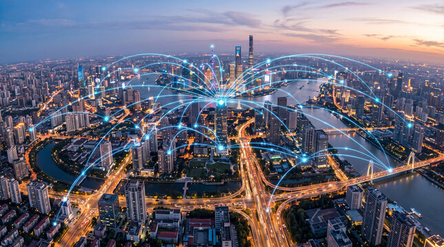 Aerial view of a modern city skyline at sunset with digital network connections overlay representing smart city technology and global communication