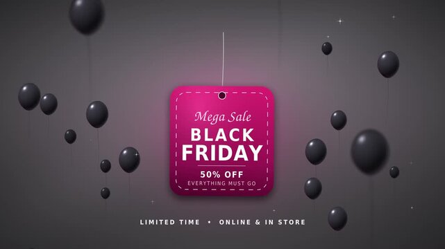 Black Friday sale tag hanging on string with 50% off text, pink price tag swinging among black balloons on gray background