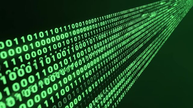 Digital data stream flowing through abstract green binary code tunnel with subtle light effects