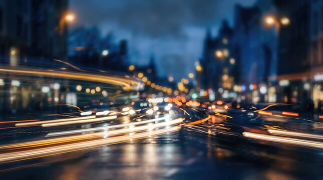 A vibrant nighttime city view with blurred headlights creating streaks of light and glowing architecture