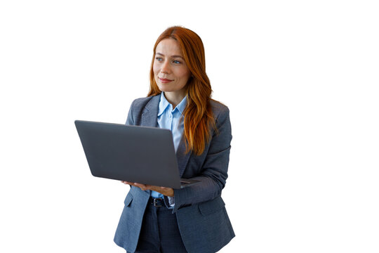 Businesswoman holding laptop looking away with transparent background
