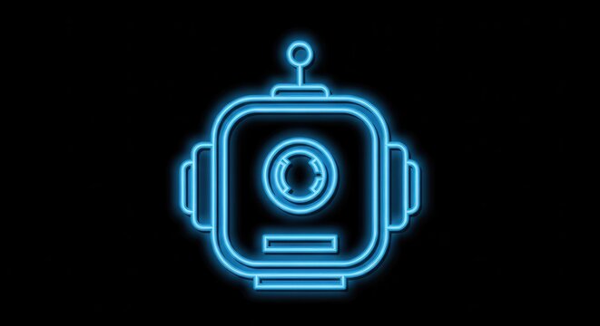 Glowing blue neon robot head icon