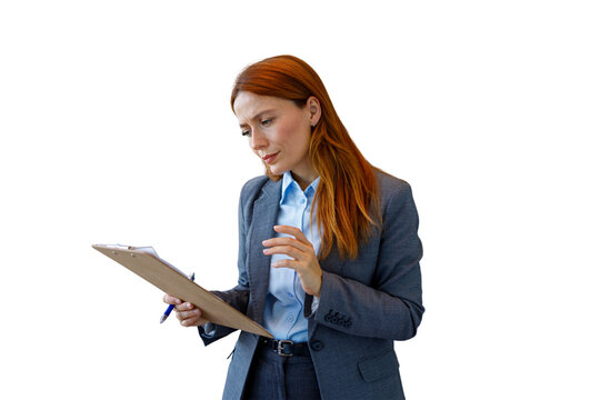 Businesswoman analyzing report with thoughtful and confused expression