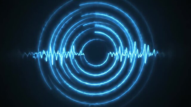 Glowing blue sound wave pulsing with concentric circles animation background footage for futuristic technology audio visualizer concept design