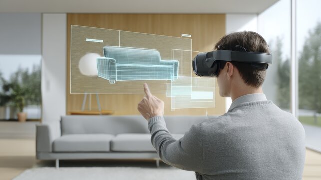 Man using virtual reality headset for futuristic interior design experience