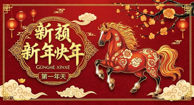 Chinese new year horse illustration with lanterns