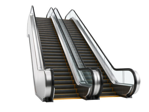 Modern metal escalator with black steps for moving people between building floors isolated on a plain white background