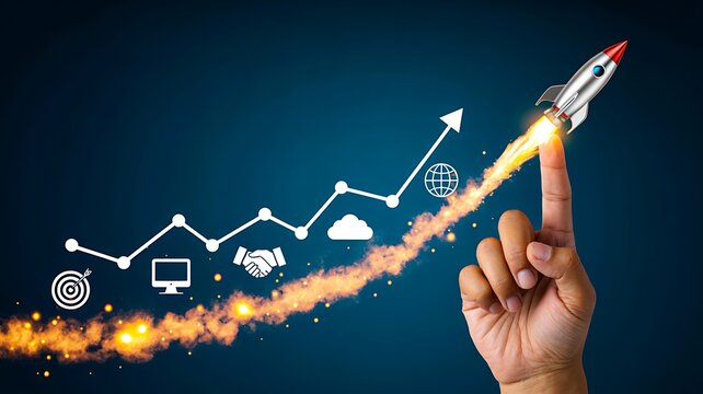Business growth concept with rising rocket, financial charts and glowing upward trajectory