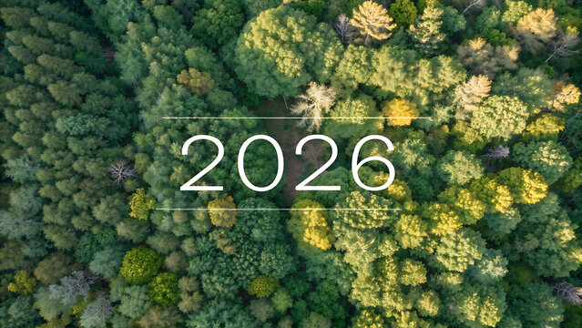 Aerial Top Down View of Dense Green Forest Canopy with 2026 Text Overlay