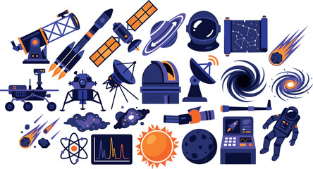 Space Exploration and Astronomy Science Vector Icon Set with Astronaut Rocket Telescope Satellite Rover Planet and Galaxy Cosmos Research Elements Design © mdAminul