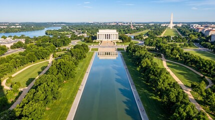 Fototapeta premium Aerial view of the Lincoln Memorial and the Reflecting Pool in Washington, D.C., with the Washington Monument in the distance on a sunny summer day