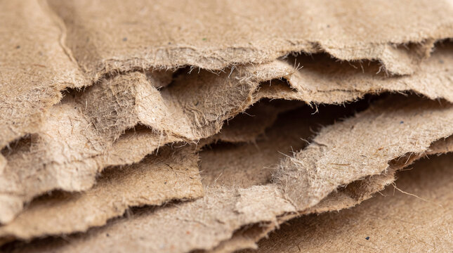 Macro close-up of torn brown corrugated cardboard showing exposed layers, rough edges and natural paper fibers. Detailed recycled packaging material texture with an organic distressed appearance.