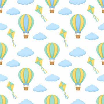 Minimalist hot air balloons puffy clouds and kites on white seamless pattern background