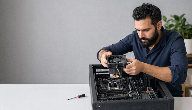 Adult man installs a cooling fan inside an open desktop computer case at a worktable, representing computer repair, hardware maintenance, and technical service.