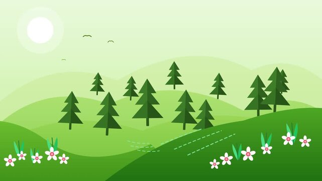 Flat vector illustration of a green spring landscape with pine trees and flowers.