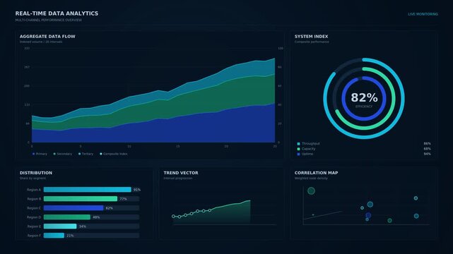 Data analytics dashboard animation, area chart, donut gauge, bar graph and scatter plot building up on dark blue UI screen