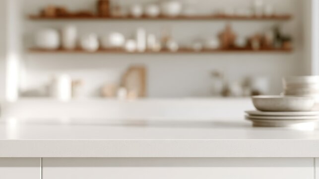 Solid white surface in sharp focus, blurred kitchen shelves with dishes in background, bright interior, macro photography style