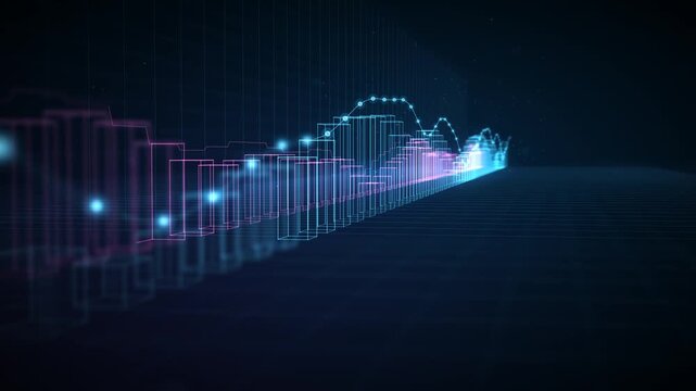3D holographic bar graph flowing in perspective, glowing blue and pink wireframe data chart with line graph nodes, seamless loop
