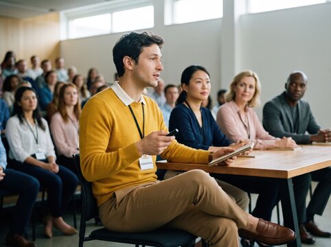 Generative AI, Man moderating panel discussion in front of diverse audience at seminar
