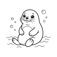 Obraz premium Cute cartoon baby seal sitting in the ocean with bubbles for a fun coloring page design