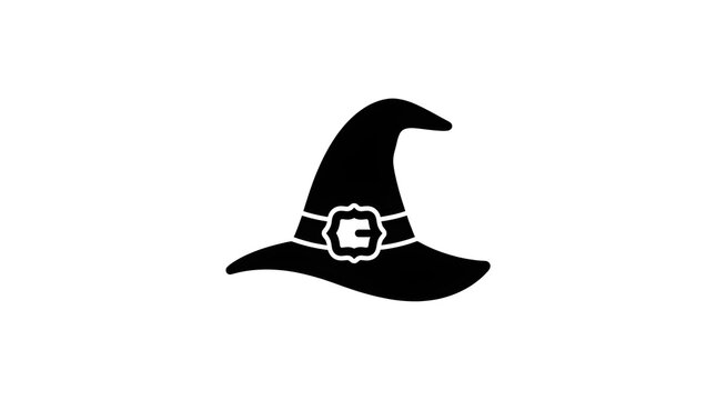 Pointed witch hat icon featuring a decorative buckle design rendered in a bold black silhouette style perfect for holiday celebrations or festive autumn seasonal decorations
