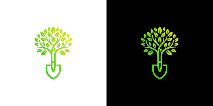 Green Tree and Shovel Logo for Gardening Nature and Growth Concepts