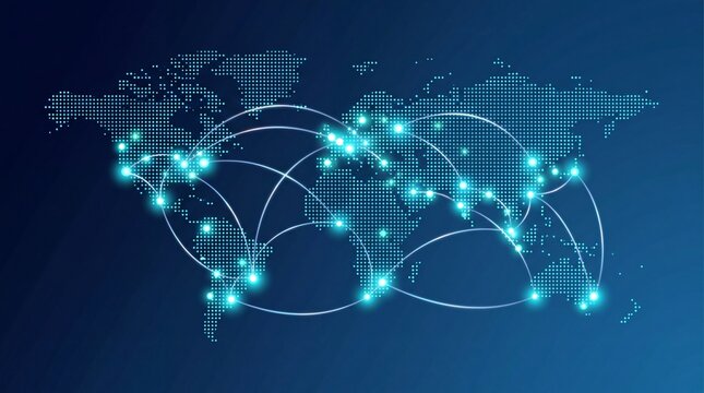 Digital dotted world map with glowing connection lines representing global network communication with communication data exchange glowing nodes connected