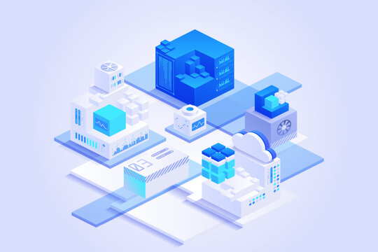 Connected cloud infrastructure with data servers, cube modules and analytics panels, presenting virtual hosting, enterprise storage, service automation and distributed systems.