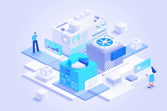Enterprise automation concept with modular server units, charts and operator figures, visualizing cloud control, data processing, software services and scalable workf