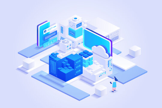 Cloud service ecosystem with dashboard screen, data center blocks and user figures, representing connected platforms, online storage, digital workflow and smart automation
