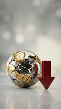 Metallic soccer ball decline arrow credit report decline concept with cracked ball and downward arrow