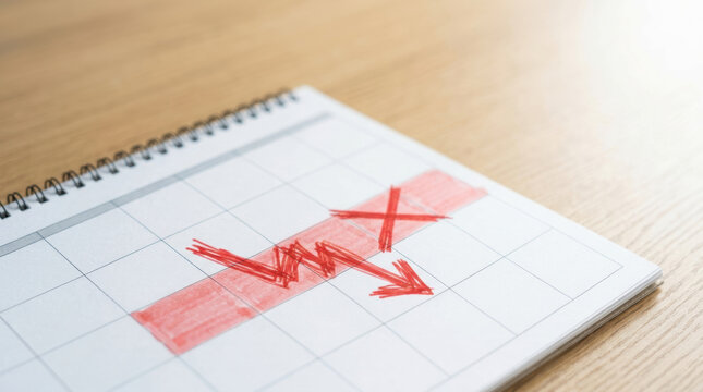 Calendar decline report credit showing red downward arrow and marked dates on wooden desk for financial planning