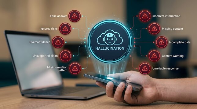 Hand holding a smartphone showing an AI hallucination warning interface with red error alerts for fake answers and misinformation.