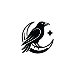 Obraz premium Stylized Raven Perched on Crescent Moon with Star Icon.