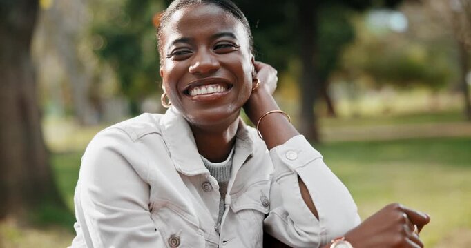 Face, woman and relax in park with smile, positive mindset or fresh air for wellness on calm weekend. Happy, black person and chill outdoor in nature with rest, contentment or think of good memories.